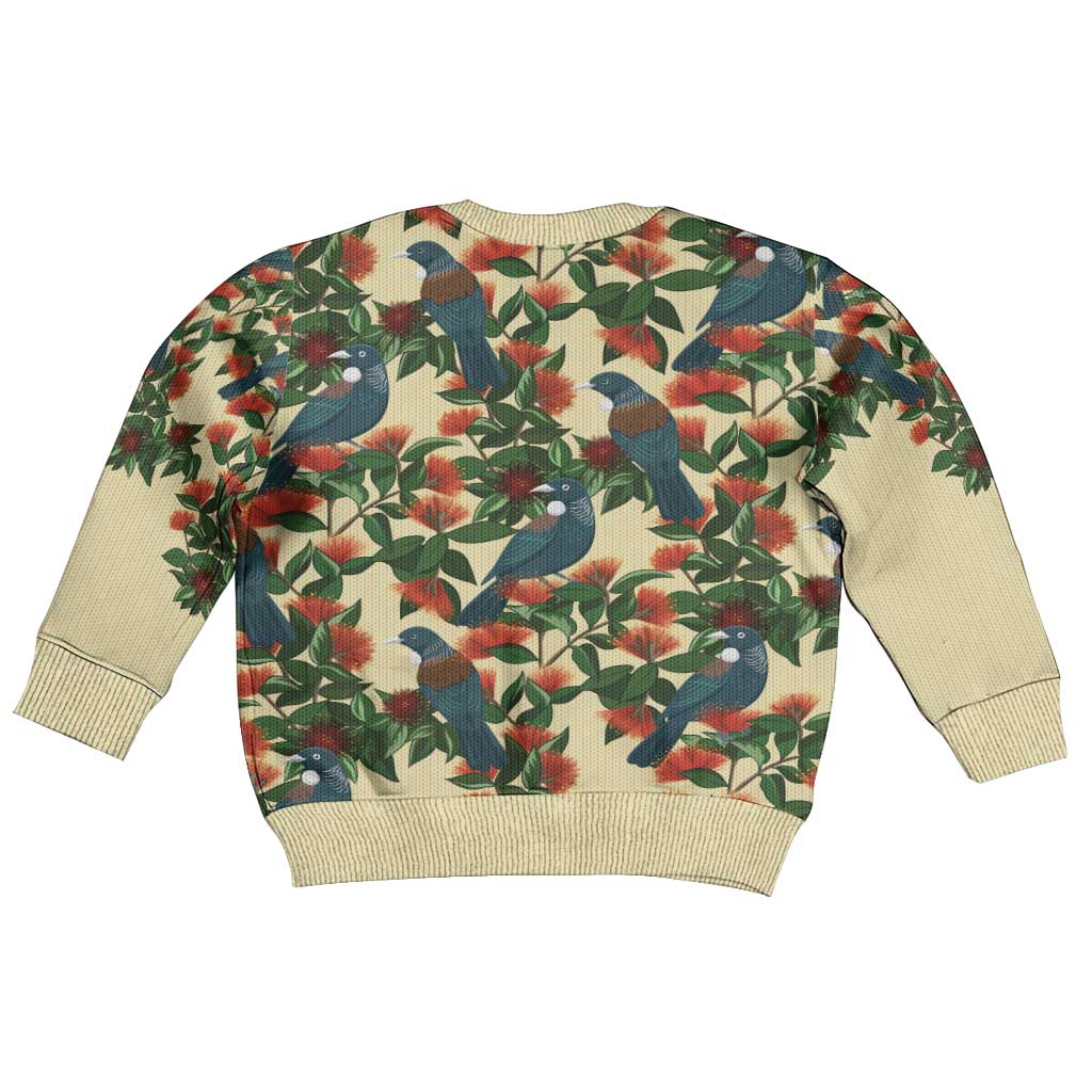 New Zealand Christmas Kid Ugly Christmas Sweater Romantic Tui Birds on Pohutukawa - Ivory - Polynesian Pride