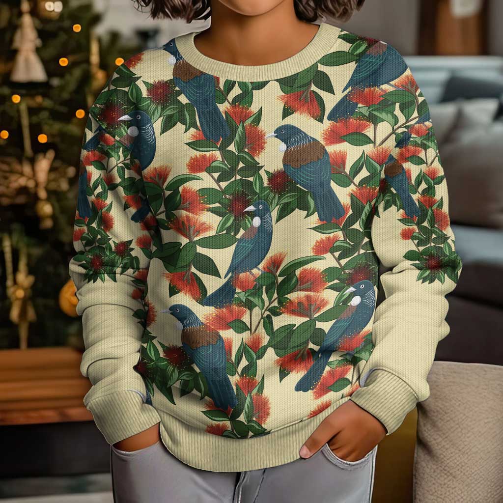 New Zealand Christmas Kid Ugly Christmas Sweater Romantic Tui Birds on Pohutukawa - Ivory - Polynesian Pride