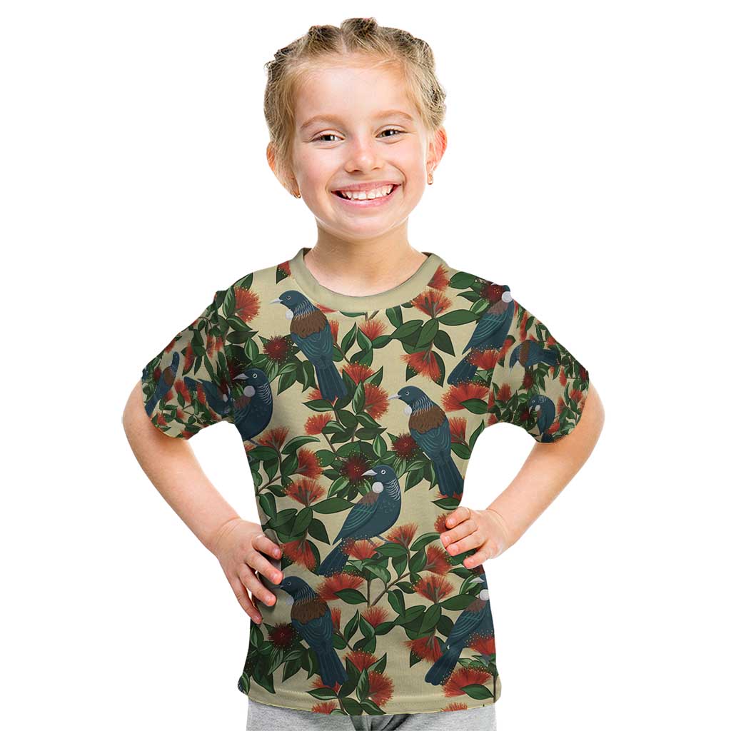 New Zealand Christmas Kid T Shirt Romantic Tui Birds on Pohutukawa - Ivory - Polynesian Pride