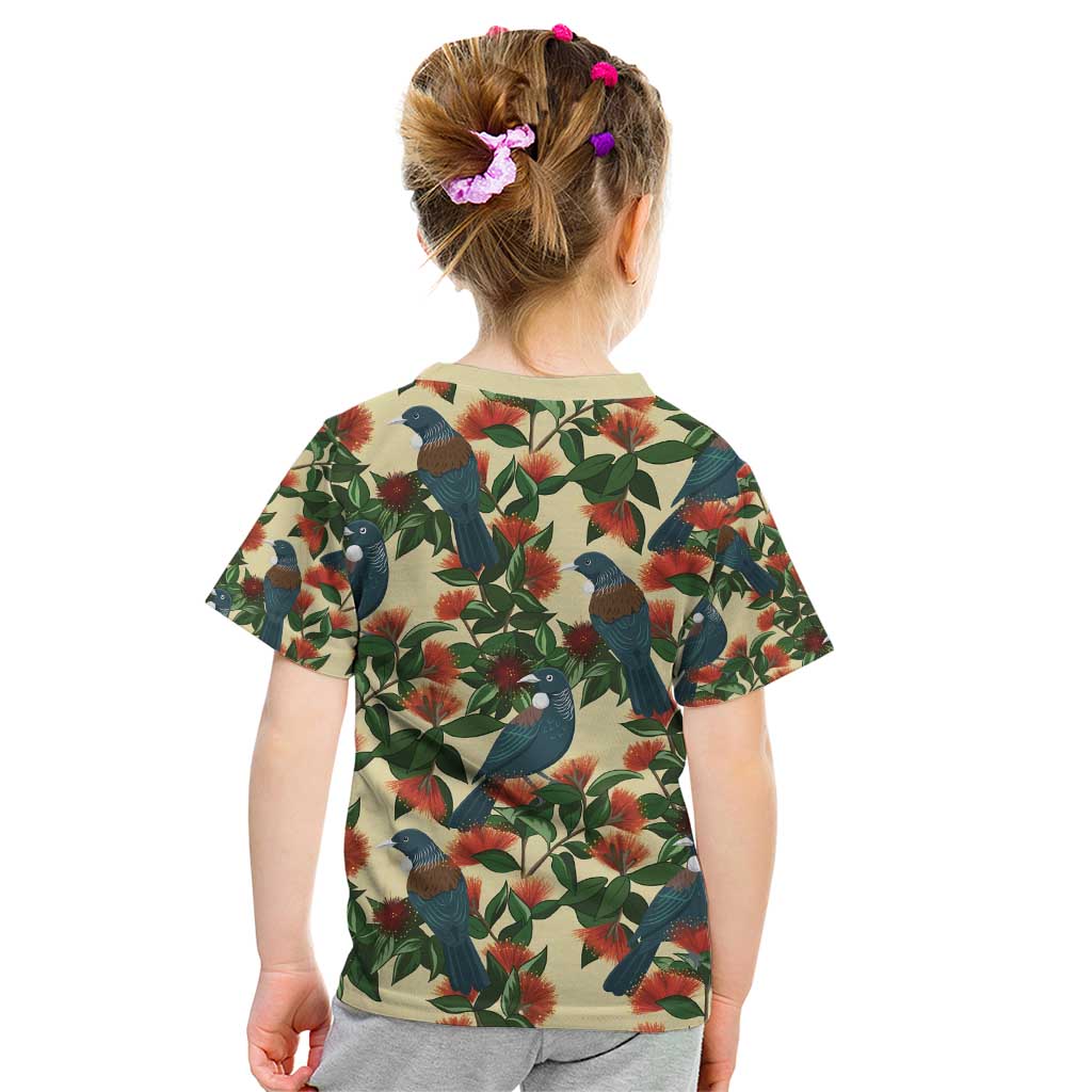 New Zealand Christmas Kid T Shirt Romantic Tui Birds on Pohutukawa - Ivory - Polynesian Pride
