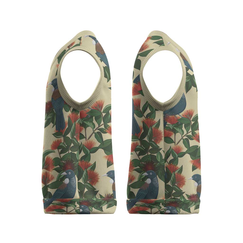 New Zealand Christmas Knitted V-Neck Vest Romantic Tui Birds on Pohutukawa - Ivory - Polynesian Pride