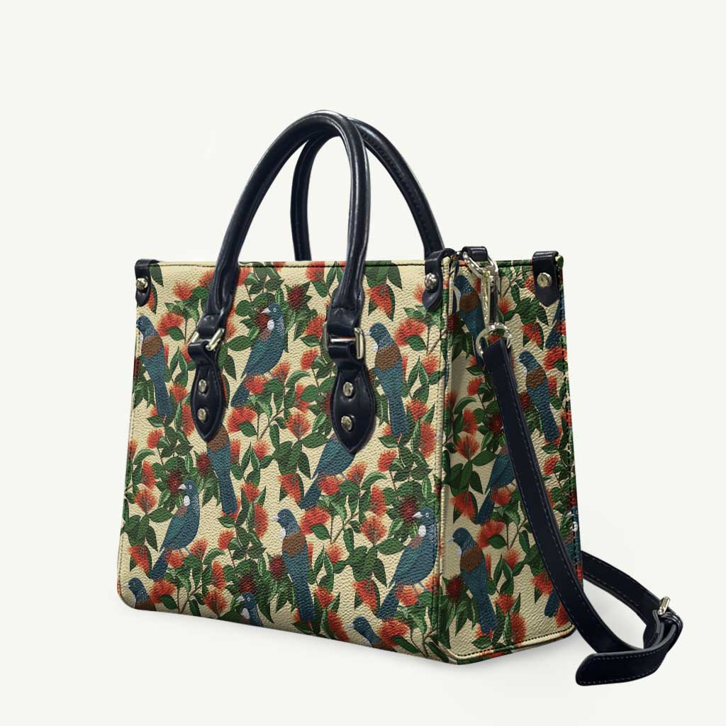 New Zealand Christmas Leather Bag Romantic Tui Birds on Pohutukawa - Ivory - Polynesian Pride