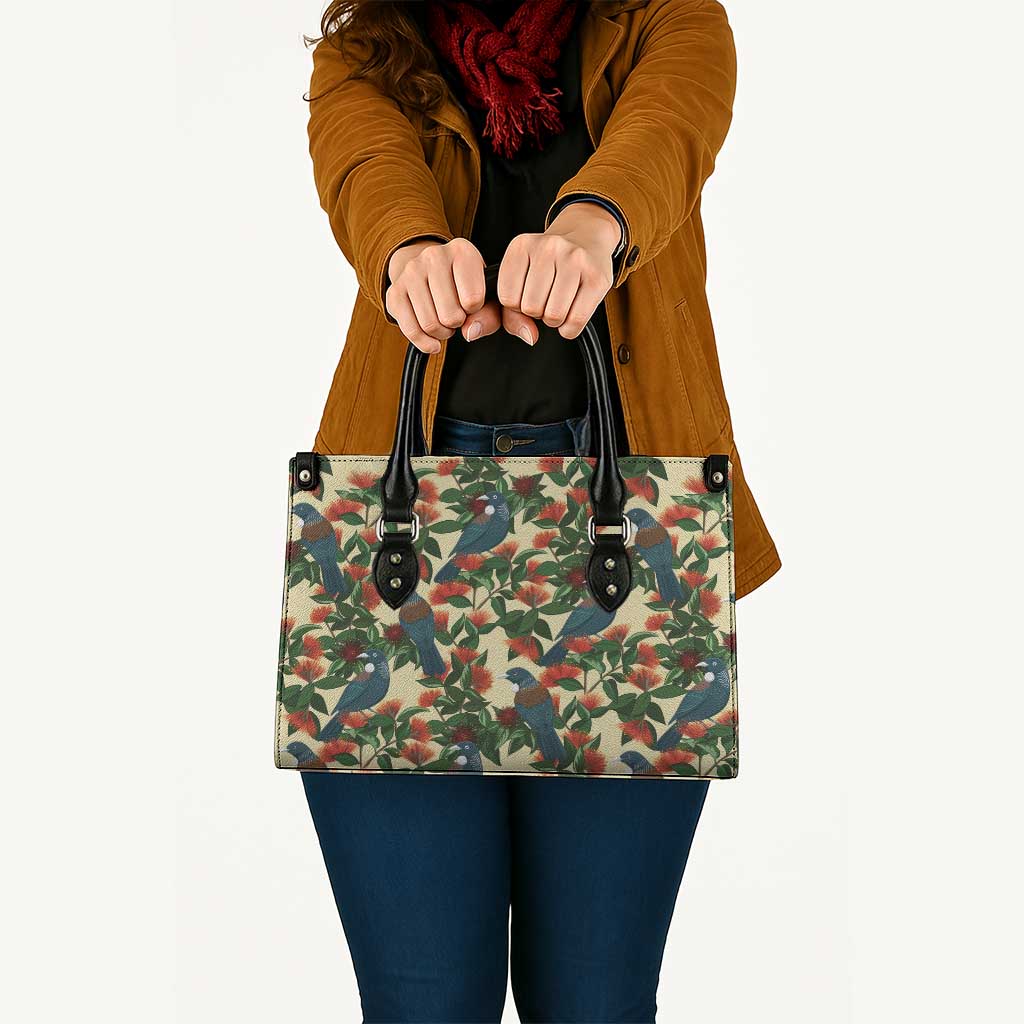 New Zealand Christmas Leather Bag Romantic Tui Birds on Pohutukawa - Ivory - Polynesian Pride