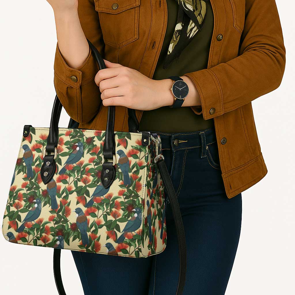 New Zealand Christmas Leather Bag Romantic Tui Birds on Pohutukawa - Ivory - Polynesian Pride