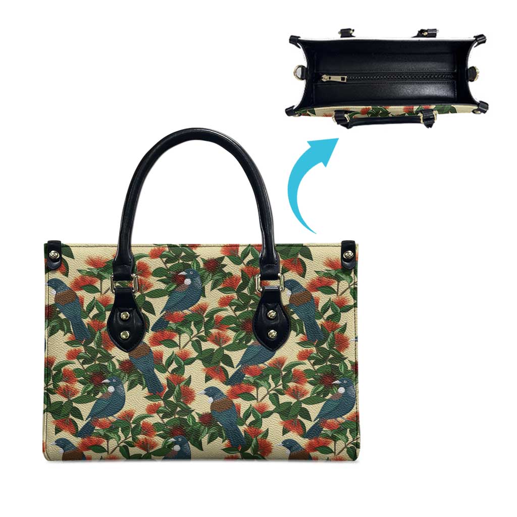 New Zealand Christmas Leather Bag Romantic Tui Birds on Pohutukawa - Ivory - Polynesian Pride