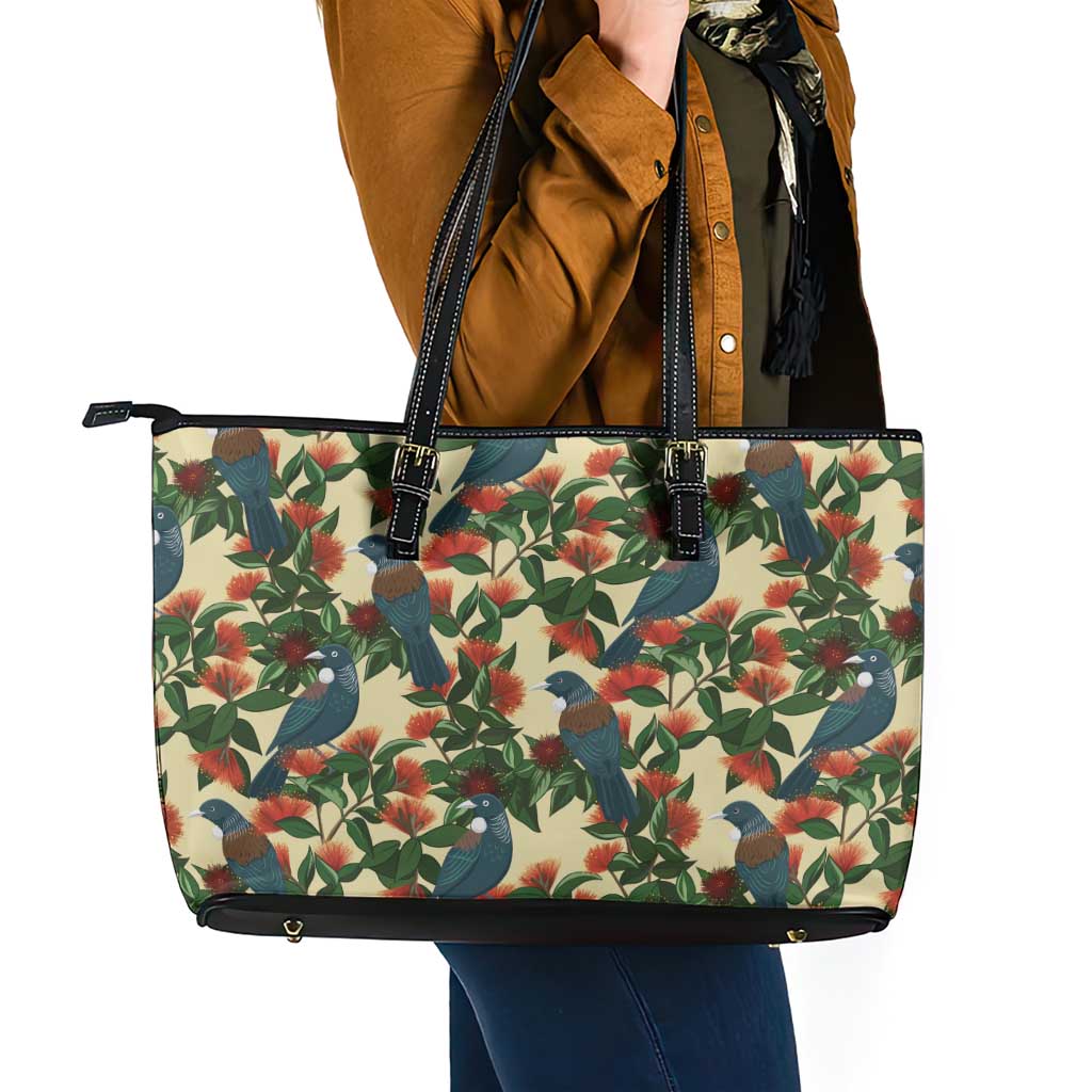 New Zealand Christmas Leather Tote Bag Romantic Tui Birds on Pohutukawa - Ivory - Polynesian Pride