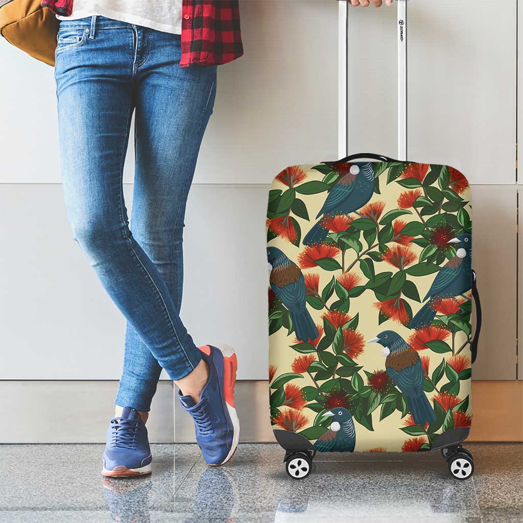 New Zealand Christmas Luggage Cover Romantic Tui Birds on Pohutukawa - Ivory - Polynesian Pride