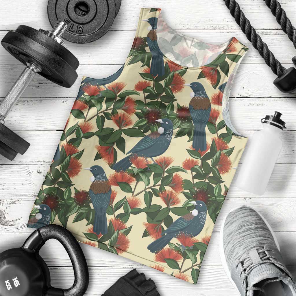New Zealand Christmas Men Tank Top Romantic Tui Birds on Pohutukawa - Ivory - Polynesian Pride