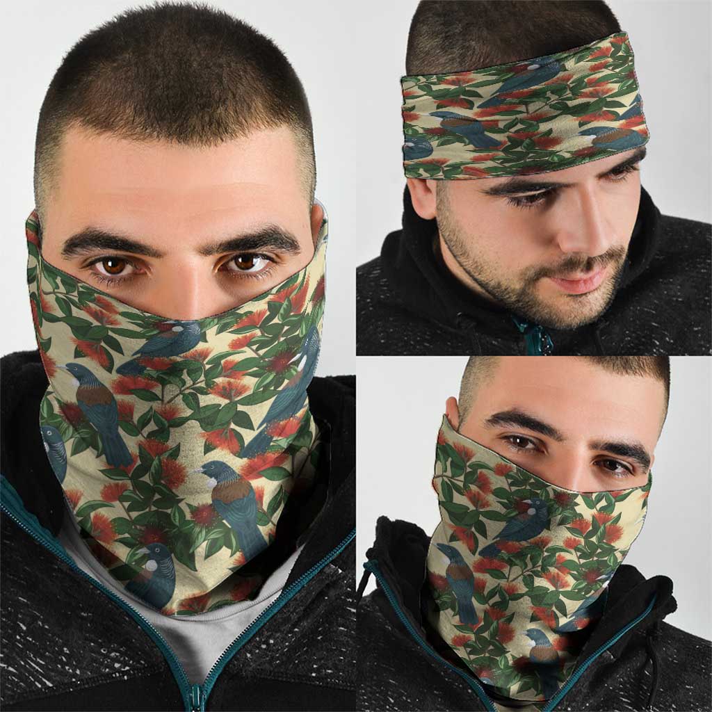 New Zealand Christmas Neck Gaiter Romantic Tui Birds on Pohutukawa - Ivory - Polynesian Pride