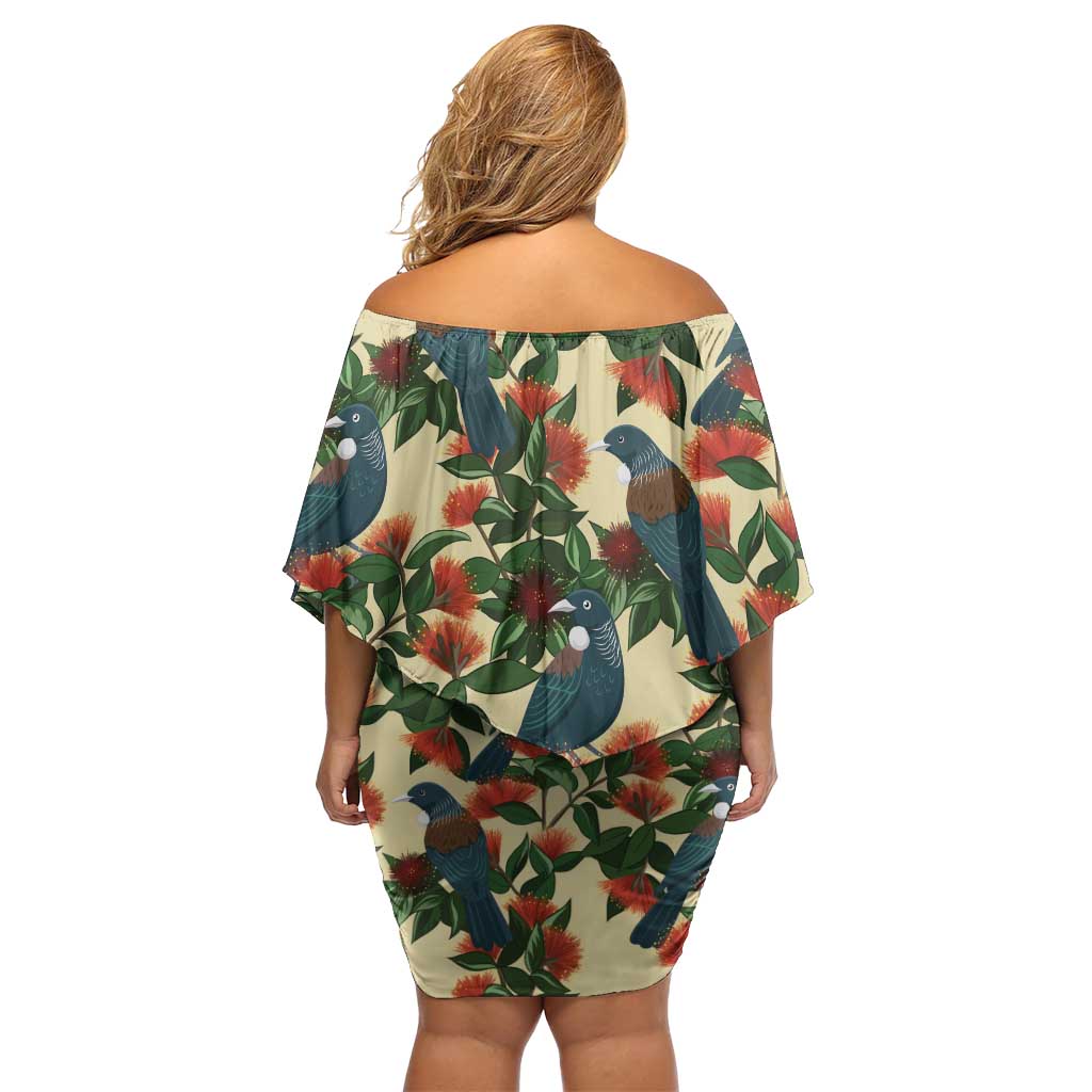 New Zealand Christmas Off Shoulder Short Dress Romantic Tui Birds on Pohutukawa - Ivory - Polynesian Pride