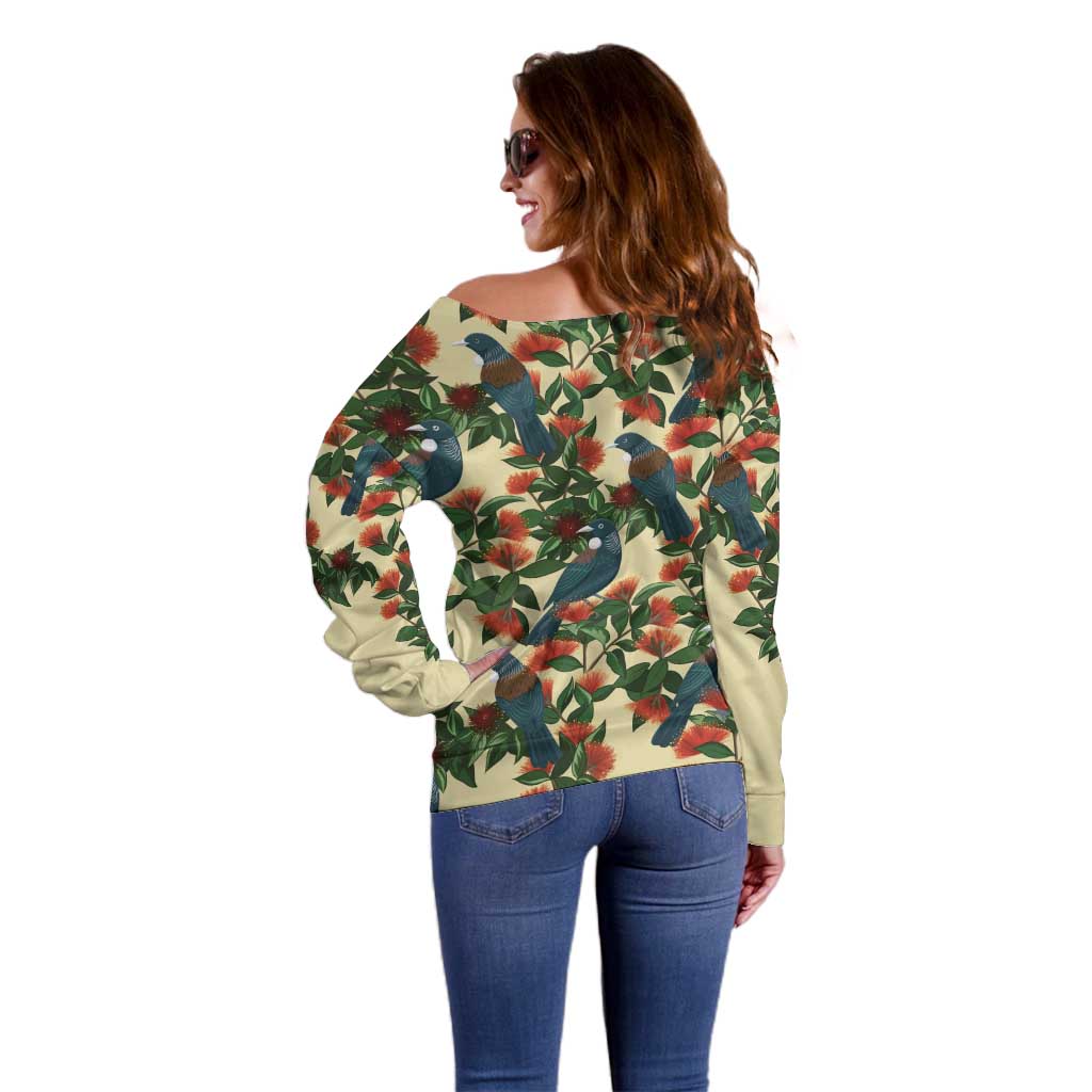 New Zealand Christmas Off Shoulder Sweater Romantic Tui Birds on Pohutukawa - Ivory - Polynesian Pride