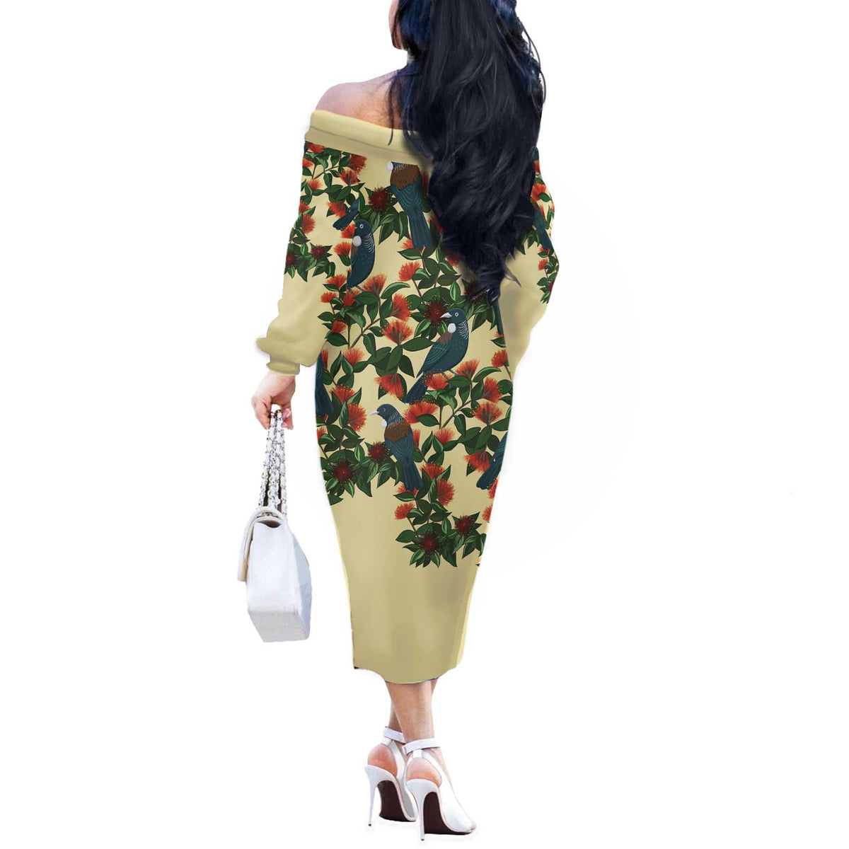New Zealand Christmas Off The Shoulder Long Sleeve Dress Romantic Tui Birds on Pohutukawa - Ivory LT7 - Polynesian Pride