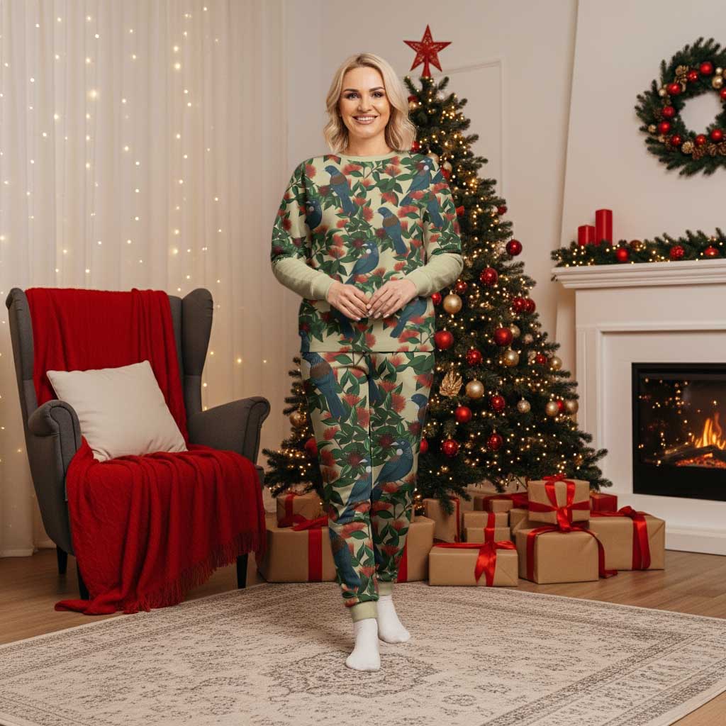 New Zealand Christmas Pajama Set Romantic Tui Birds on Pohutukawa - Ivory - Polynesian Pride