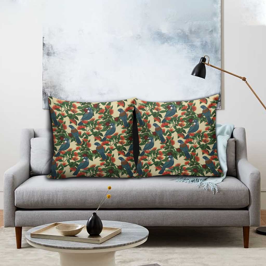 New Zealand Christmas Pillow Cover Romantic Tui Birds on Pohutukawa - Ivory - Polynesian Pride