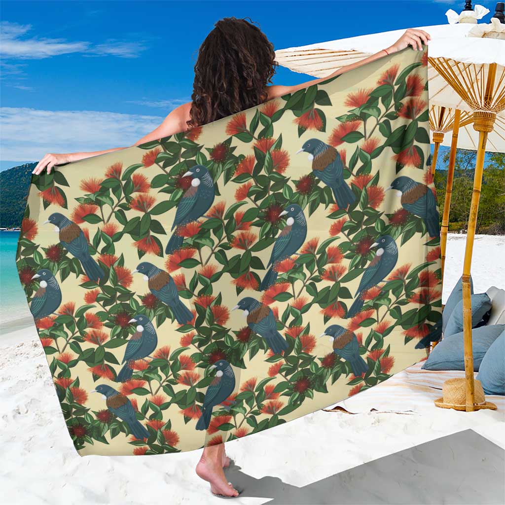 New Zealand Christmas Sarong Romantic Tui Birds on Pohutukawa - Ivory - Polynesian Pride