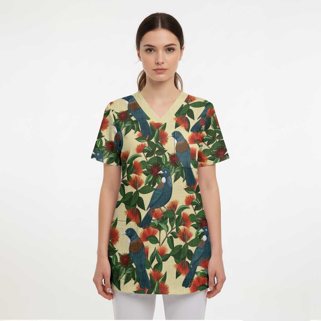New Zealand Christmas Scrub Top Romantic Tui Birds on Pohutukawa - Ivory - Polynesian Pride