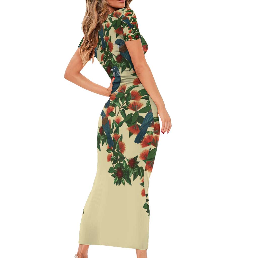 New Zealand Christmas Short Sleeve Bodycon Dress Romantic Tui Birds on Pohutukawa - Ivory - Polynesian Pride