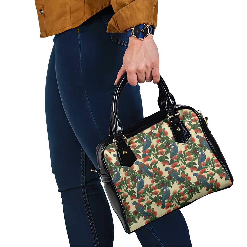 New Zealand Christmas Shoulder Handbag Romantic Tui Birds on Pohutukawa - Ivory - Polynesian Pride