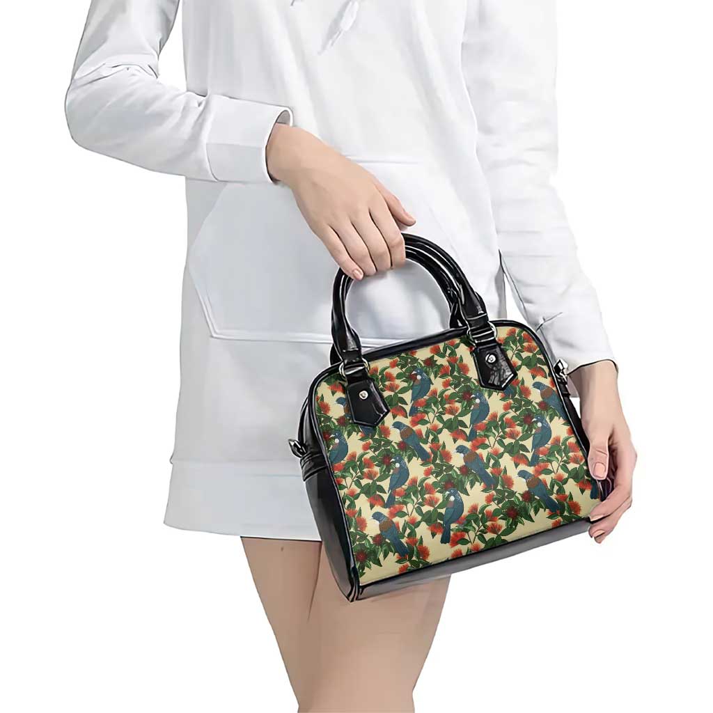 New Zealand Christmas Shoulder Handbag Romantic Tui Birds on Pohutukawa - Ivory - Polynesian Pride