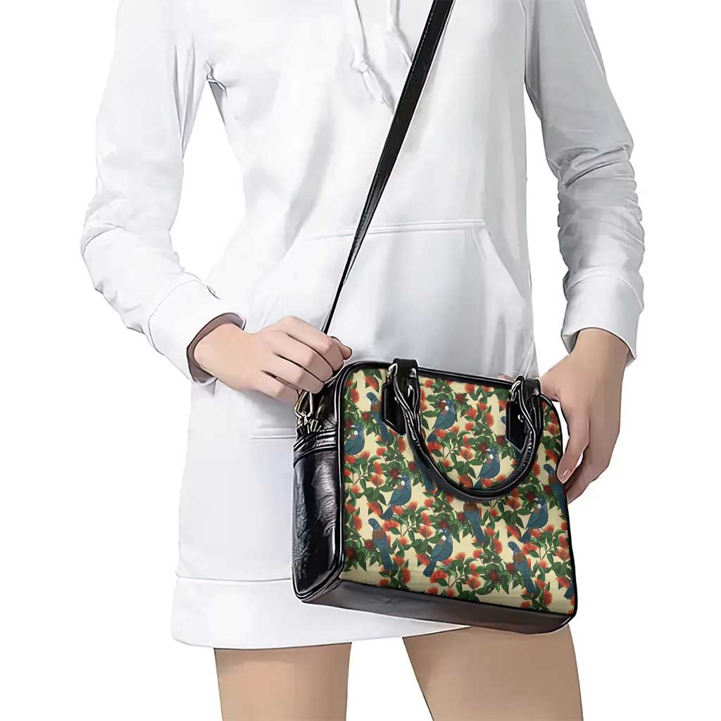 New Zealand Christmas Shoulder Handbag Romantic Tui Birds on Pohutukawa - Ivory - Polynesian Pride
