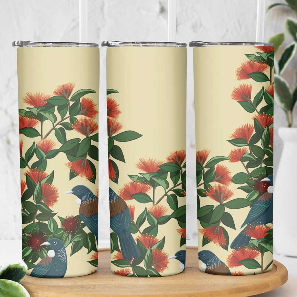New Zealand Christmas Skinny Tumbler Romantic Tui Birds on Pohutukawa - Ivory LT7 - Polynesian Pride
