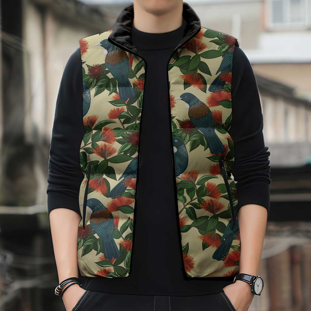 New Zealand Christmas Sleeveless Puffer Jacket Romantic Tui Birds on Pohutukawa - Ivory - Polynesian Pride