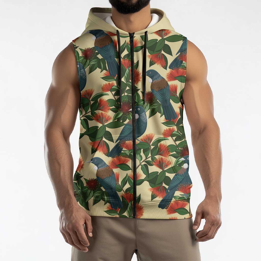 New Zealand Christmas Sleeveless Zip Hoodie Romantic Tui Birds on Pohutukawa - Ivory - Polynesian Pride