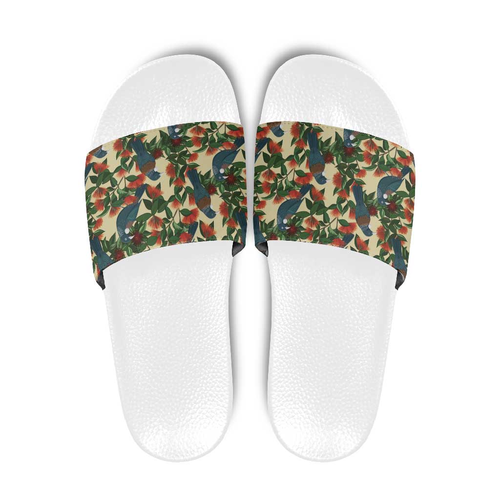 New Zealand Christmas Slide Sandals Romantic Tui Birds on Pohutukawa - Ivory - Polynesian Pride