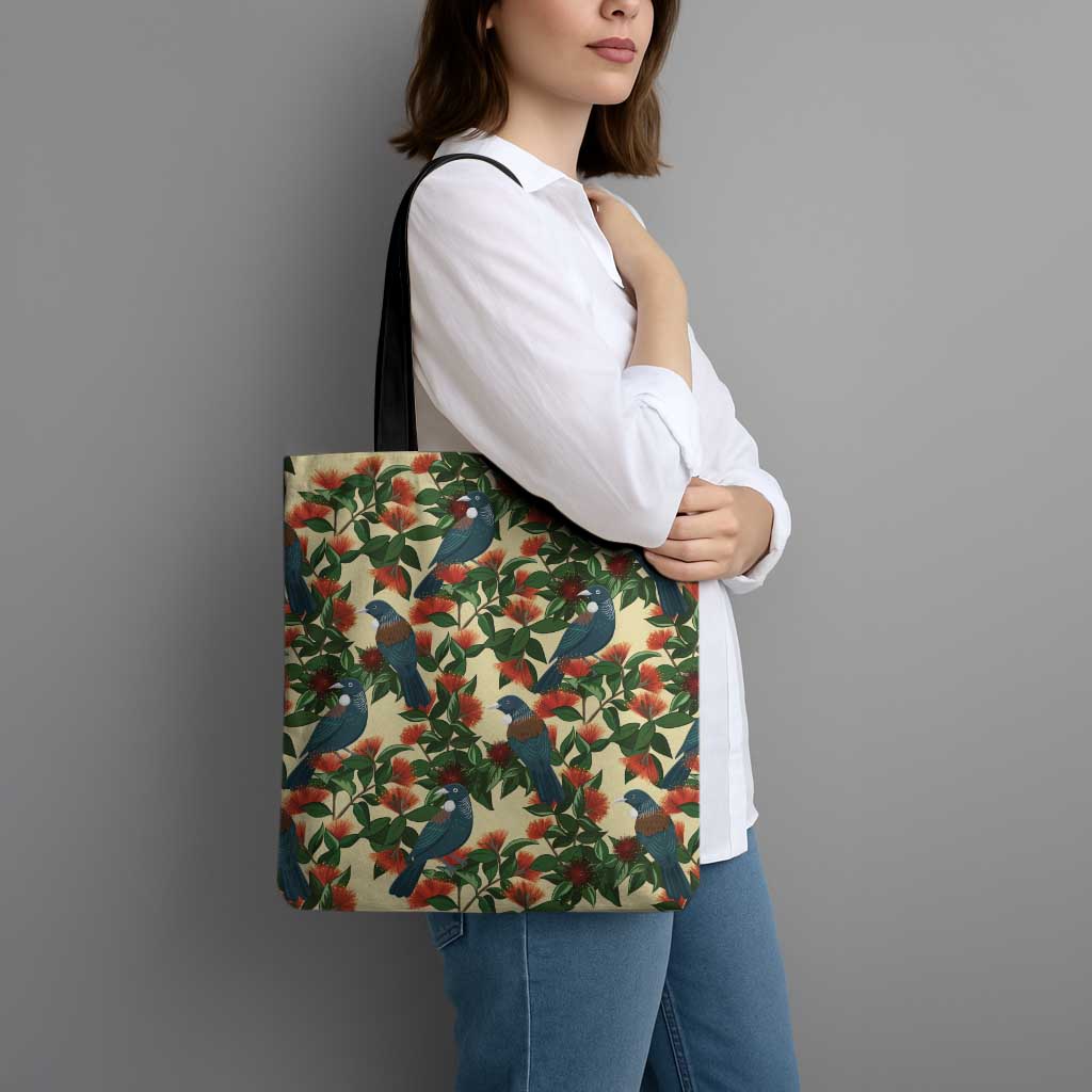 New Zealand Christmas Tote Bag Romantic Tui Birds on Pohutukawa - Ivory - Polynesian Pride
