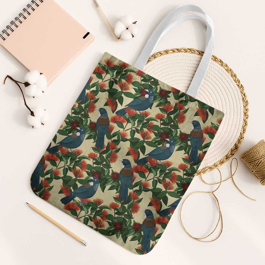 New Zealand Christmas Tote Bag Romantic Tui Birds on Pohutukawa - Ivory - Polynesian Pride