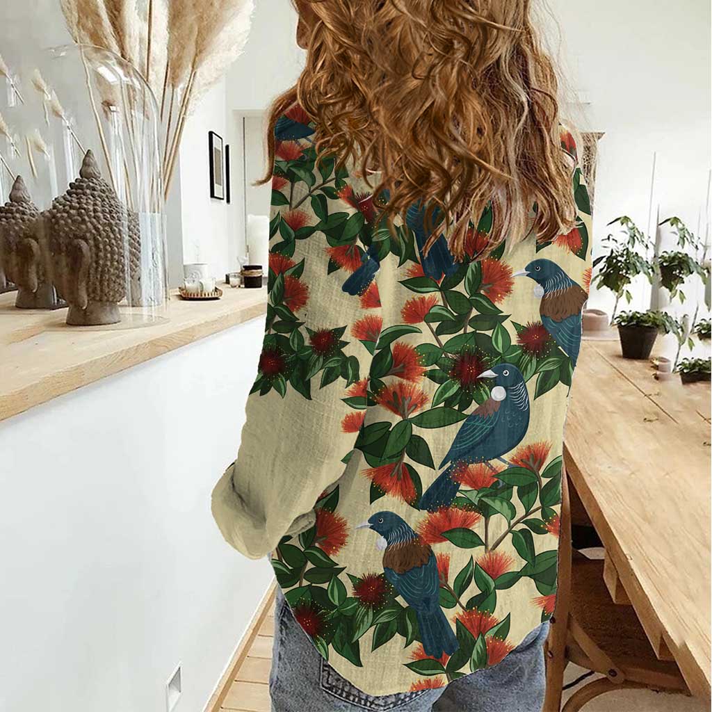 New Zealand Christmas Women Casual Shirt Romantic Tui Birds on Pohutukawa - Ivory LT7 - Polynesian Pride