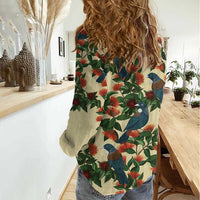 New Zealand Christmas Women Casual Shirt Romantic Tui Birds on Pohutukawa - Ivory LT7 - Polynesian Pride
