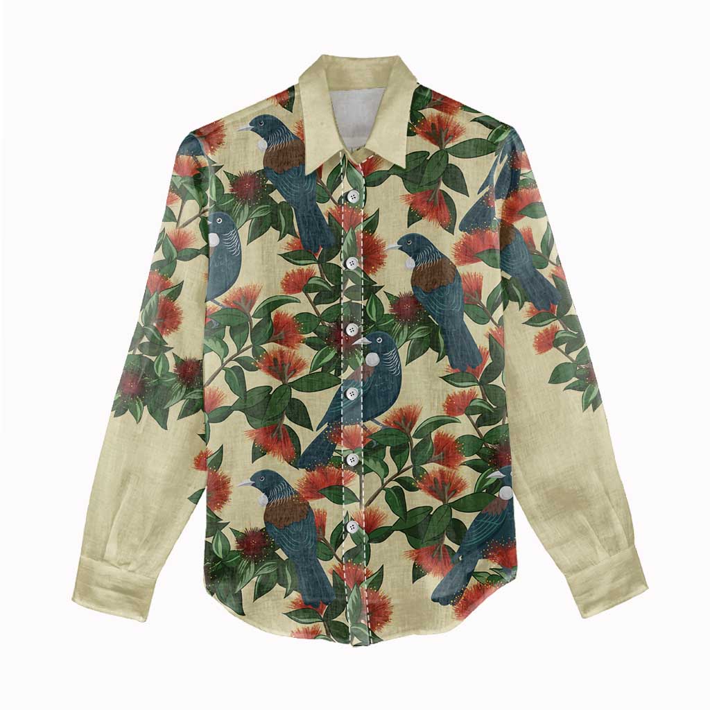 New Zealand Christmas Women Casual Shirt Romantic Tui Birds on Pohutukawa - Ivory LT7 - Polynesian Pride