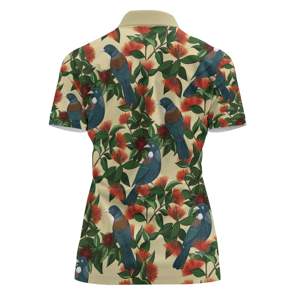 New Zealand Christmas Women Polo Shirt Romantic Tui Birds on Pohutukawa - Ivory LT7 - Polynesian Pride