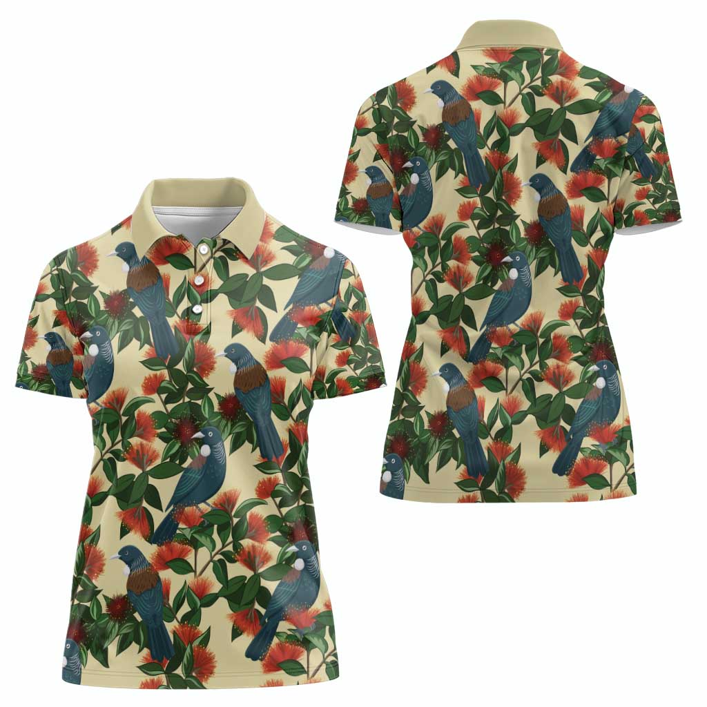New Zealand Christmas Women Polo Shirt Romantic Tui Birds on Pohutukawa - Ivory LT7 - Polynesian Pride