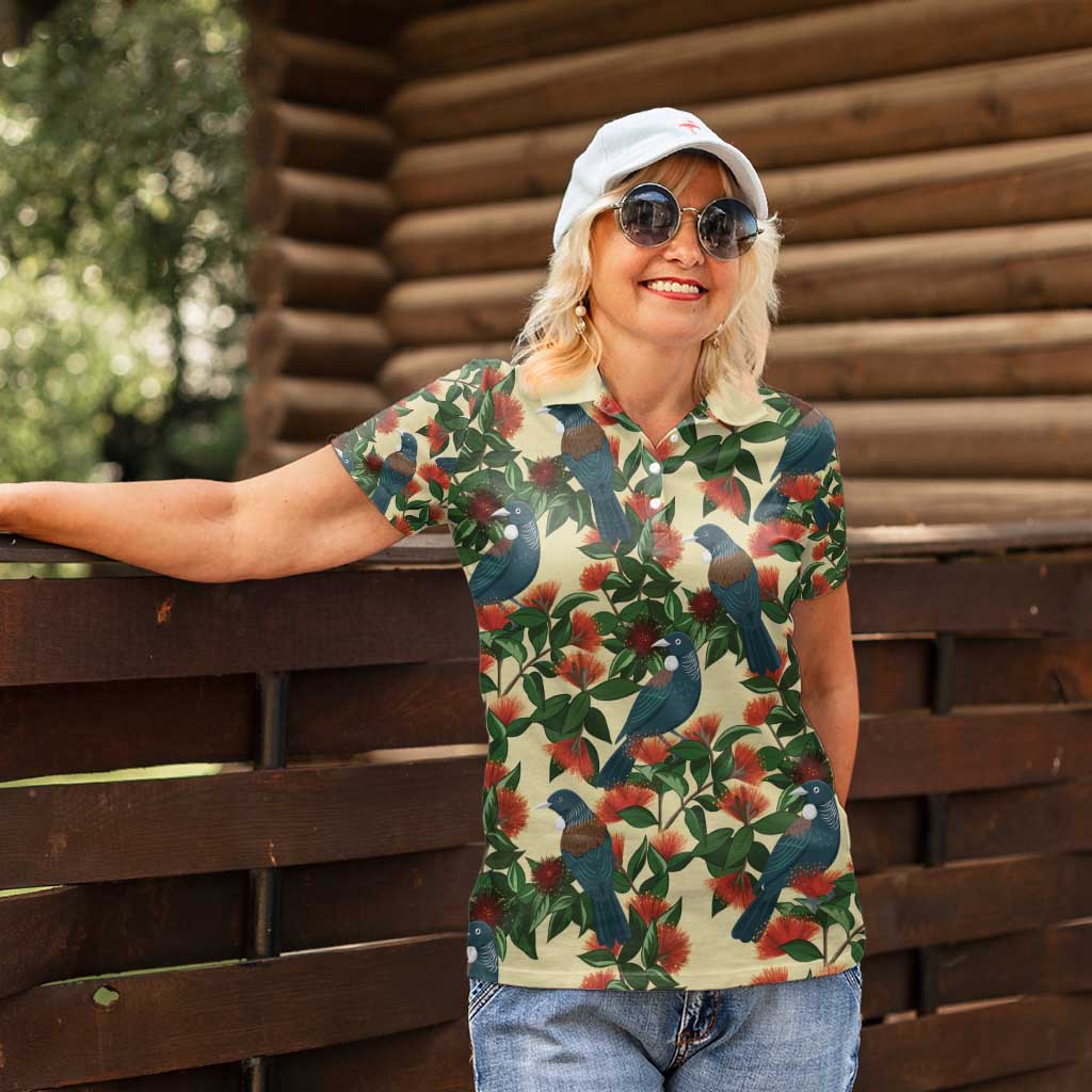 New Zealand Christmas Women Polo Shirt Romantic Tui Birds on Pohutukawa - Ivory LT7 - Polynesian Pride
