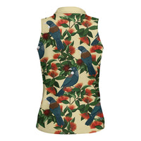 New Zealand Christmas Women Sleeveless Polo Shirt Romantic Tui Birds on Pohutukawa - Ivory LT7 - Polynesian Pride