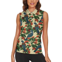 New Zealand Christmas Women Sleeveless Polo Shirt Romantic Tui Birds on Pohutukawa - Ivory LT7 - Polynesian Pride