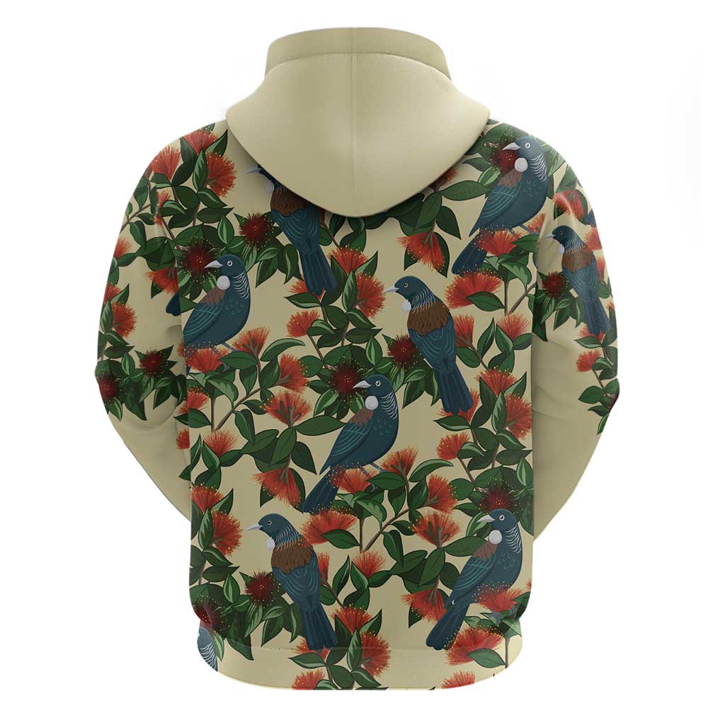 New Zealand Christmas Zip Hoodie Romantic Tui Birds on Pohutukawa - Ivory - Polynesian Pride