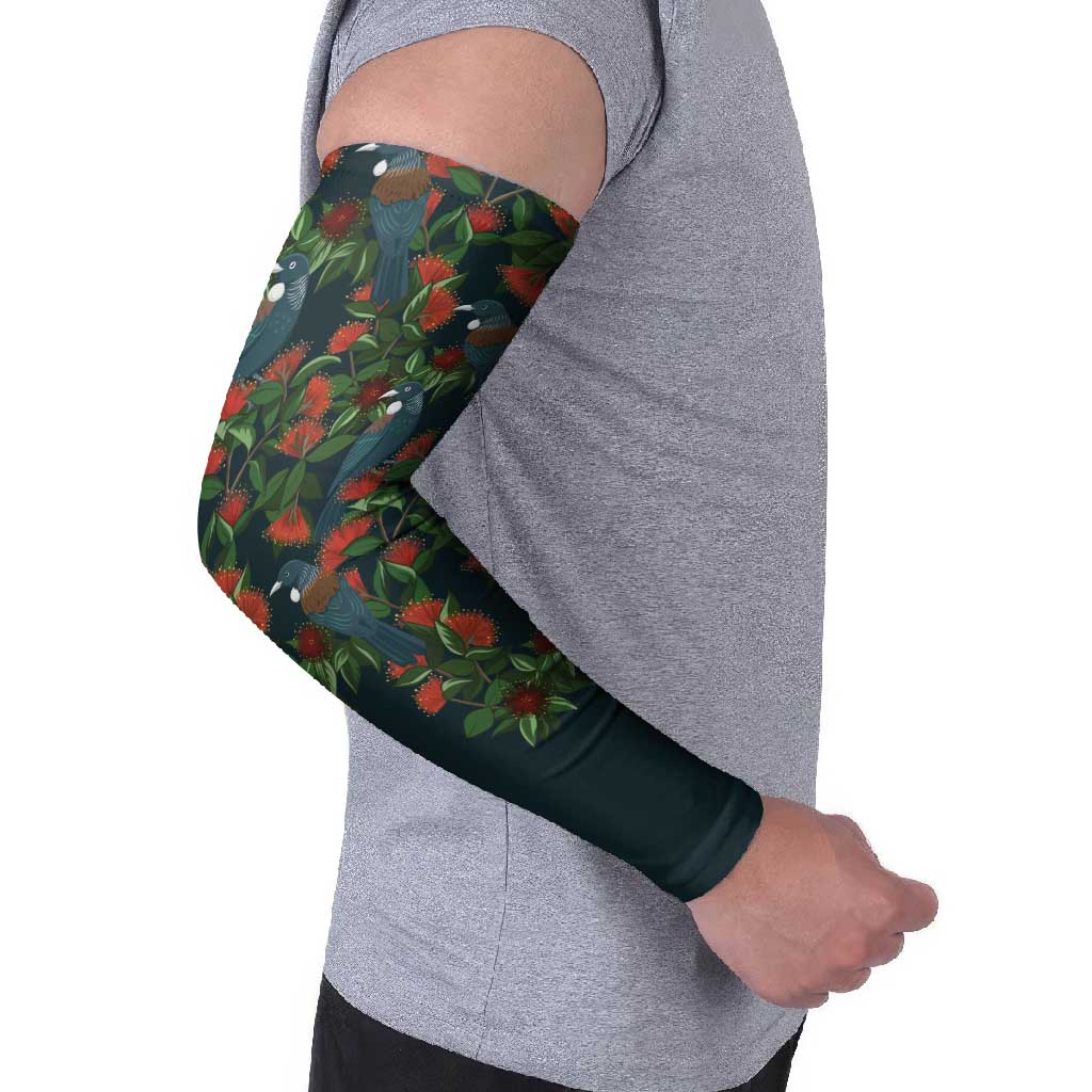 New Zealand Christmas Arm Sleeves Romantic Tui Birds on Pohutukawa - Cobalt - Polynesian Pride