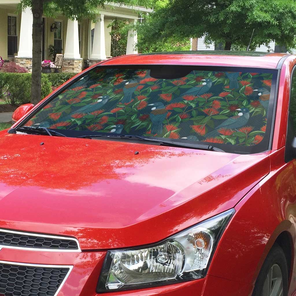 New Zealand Christmas Auto Sun Shade Romantic Tui Birds on Pohutukawa - Cobalt - Polynesian Pride