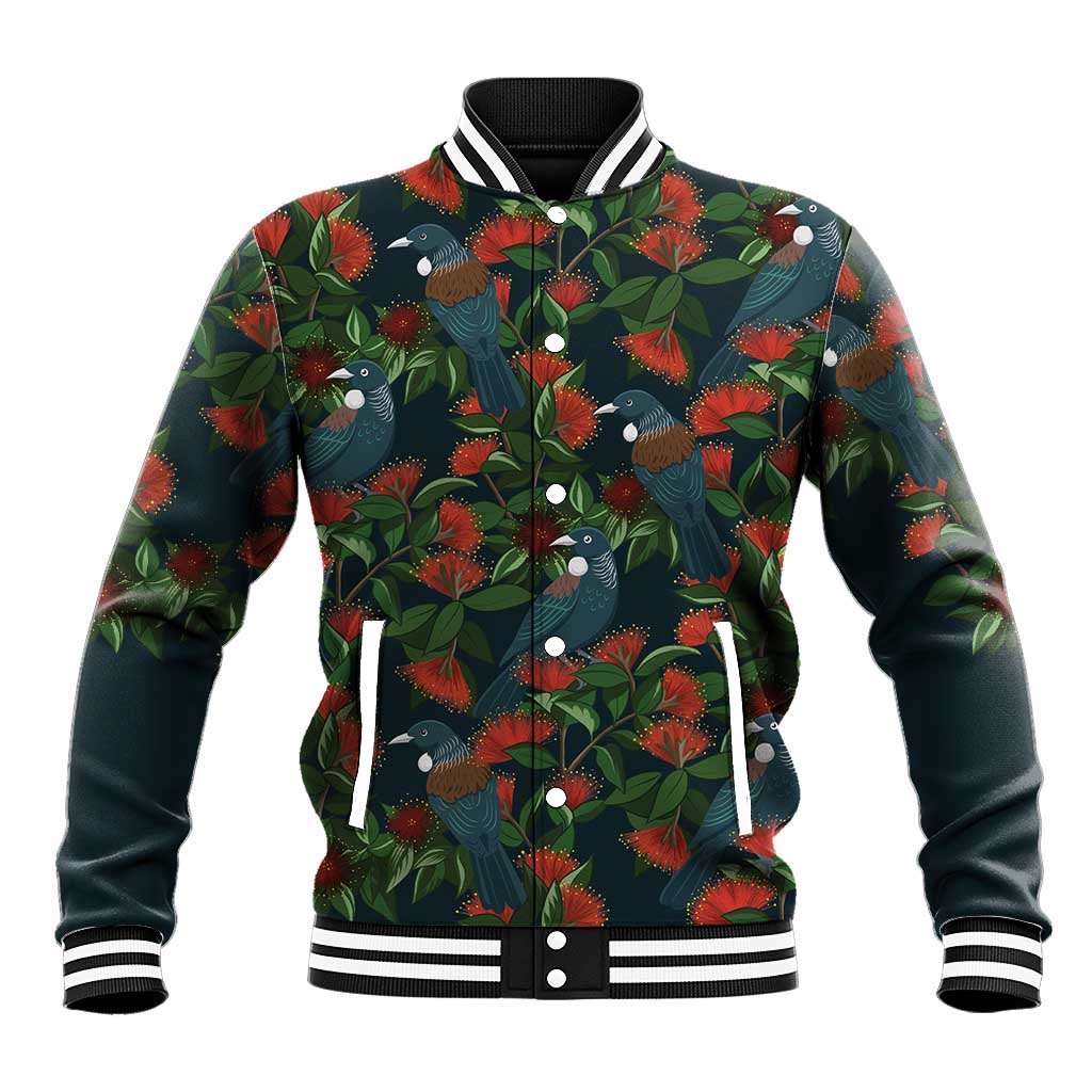 New Zealand Christmas Baseball Jacket Romantic Tui Birds on Pohutukawa - Cobalt LT7 Unisex Cobalt - Polynesian Pride