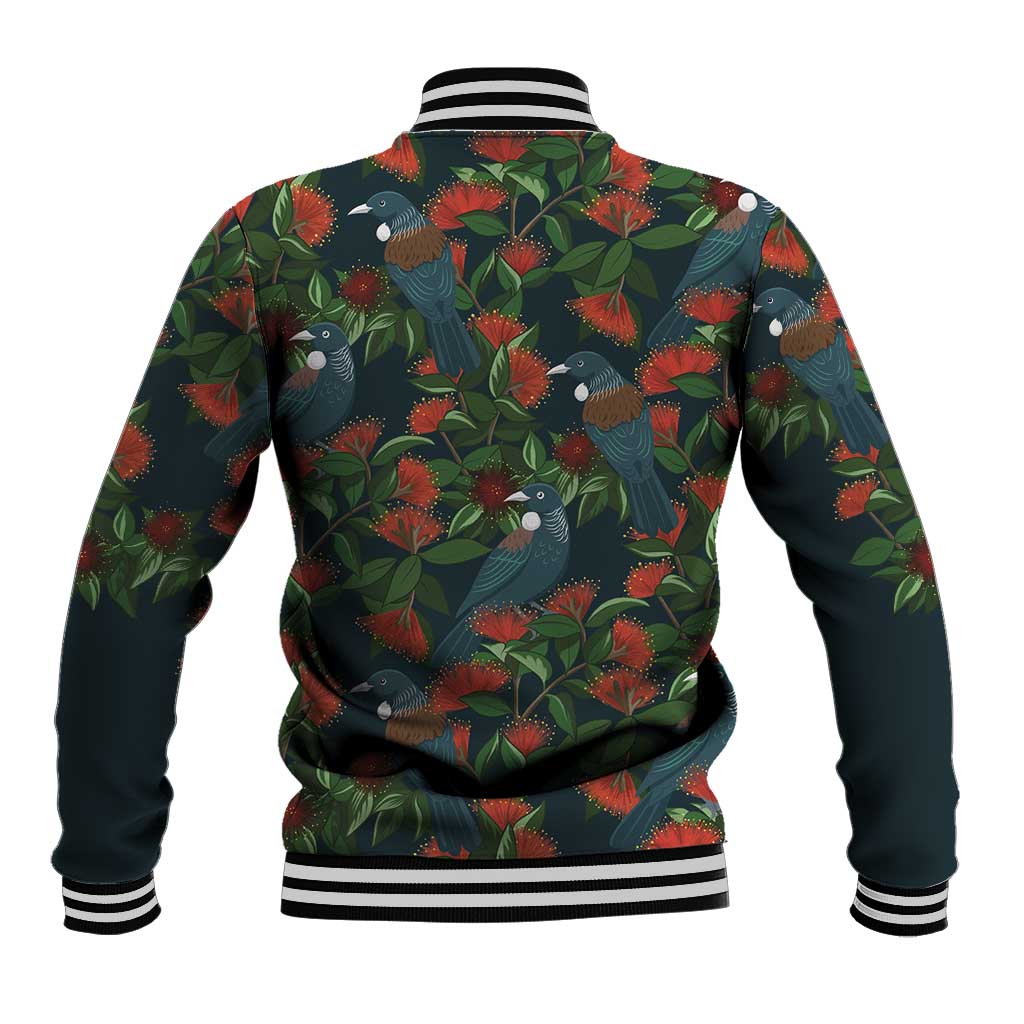 New Zealand Christmas Baseball Jacket Romantic Tui Birds on Pohutukawa - Cobalt LT7 - Polynesian Pride