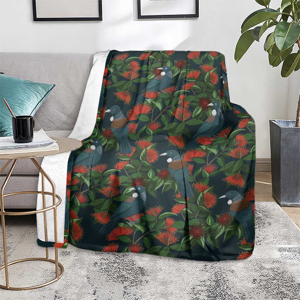 New Zealand Christmas Blanket Romantic Tui Birds on Pohutukawa - Cobalt - Polynesian Pride