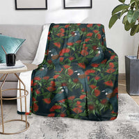 New Zealand Christmas Blanket Romantic Tui Birds on Pohutukawa - Cobalt - Polynesian Pride