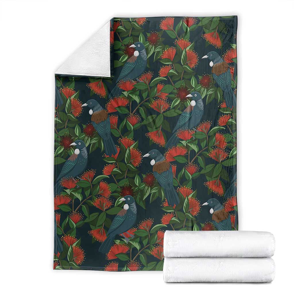 New Zealand Christmas Blanket Romantic Tui Birds on Pohutukawa - Cobalt - Polynesian Pride