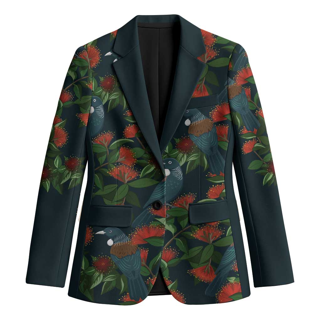 New Zealand Christmas Blazer Romantic Tui Birds on Pohutukawa - Cobalt - Polynesian Pride