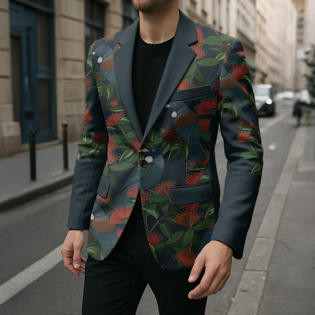 New Zealand Christmas Blazer Romantic Tui Birds on Pohutukawa - Cobalt - Polynesian Pride