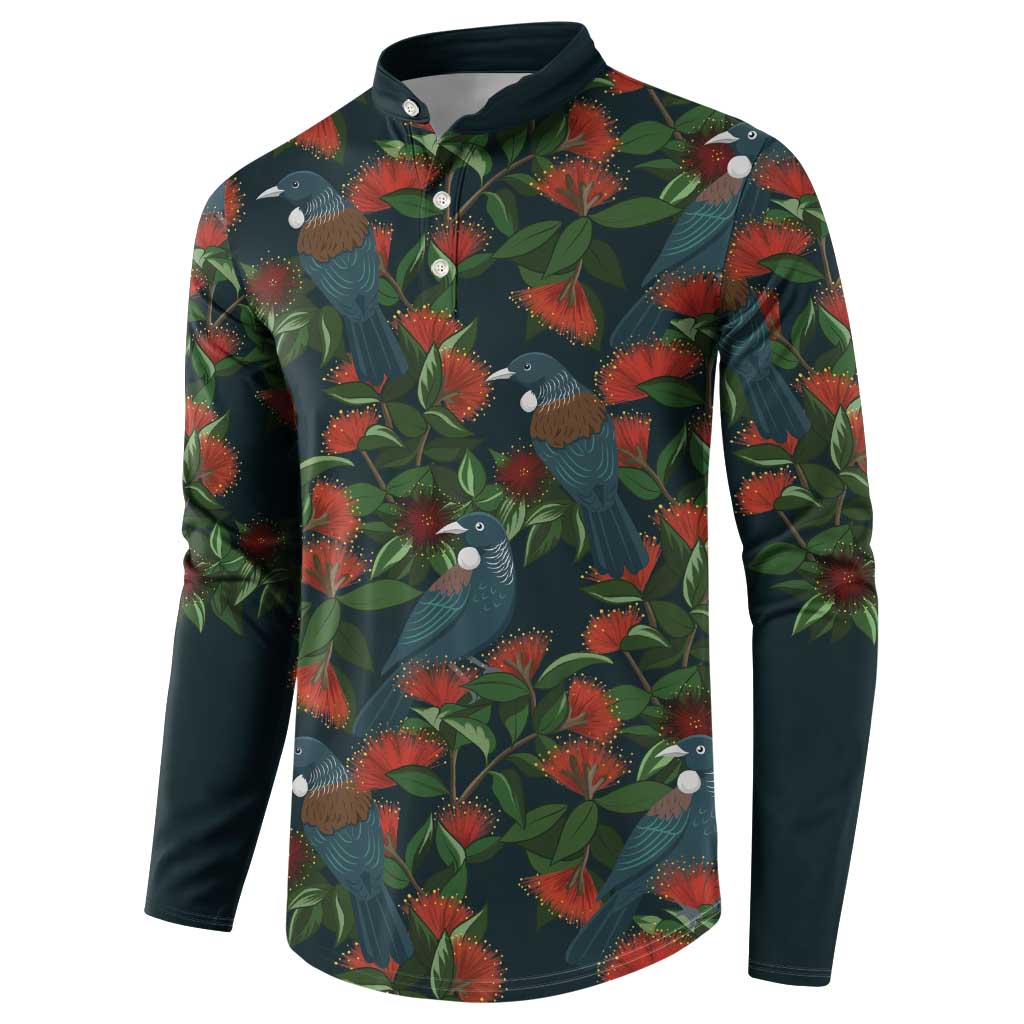 New Zealand Christmas Button Sweatshirt Romantic Tui Birds on Pohutukawa - Cobalt - Polynesian Pride