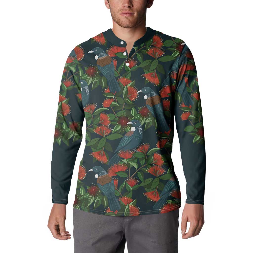 New Zealand Christmas Button Sweatshirt Romantic Tui Birds on Pohutukawa - Cobalt - Polynesian Pride